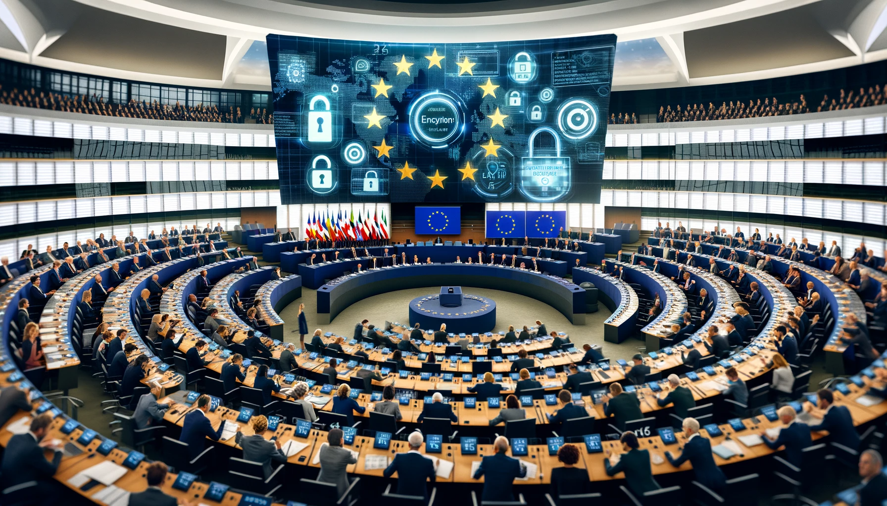 EU-parlamentarikere debatterer livlig om digitalt personvern og sikkerhet i en moderne parlamentssal, med teknologi og krypteringssymboler.